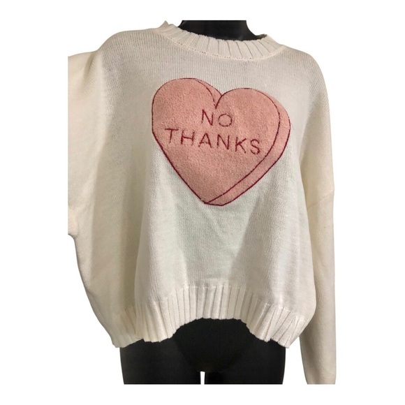 Jessica Simpson cream pink tufted embroidered heart No Thanks sweater size M - Picture 11 of 12